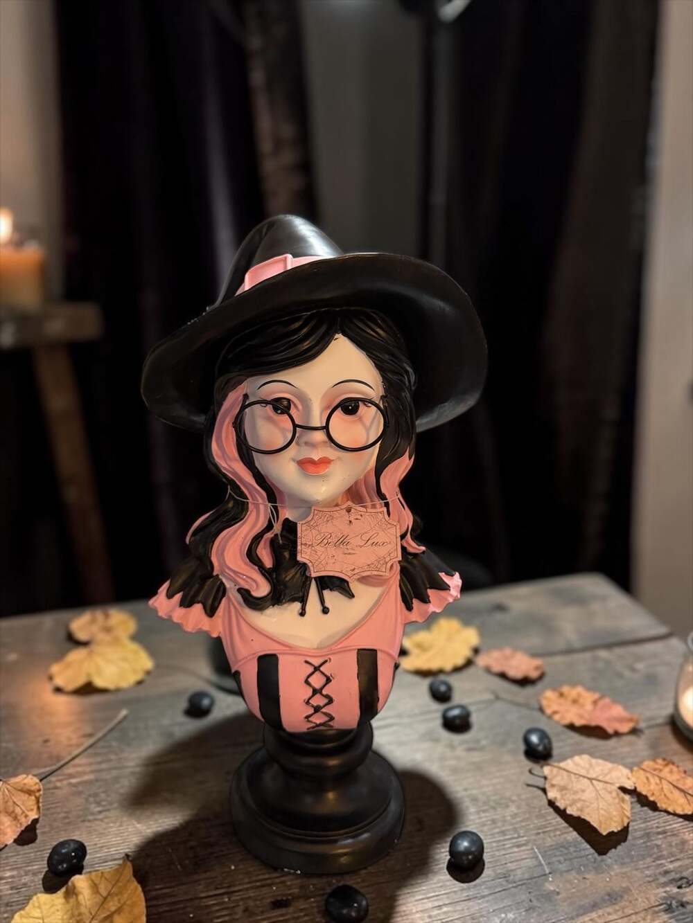 Bella Lux Pink and Black Halloween Witch Bust Figurine with Glasses